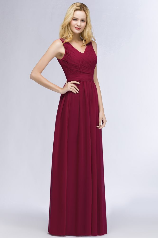 Vestido de dama de honor de gasa con volantes, escote en V, sin mangas, largo hasta el suelo, vestido de fiesta