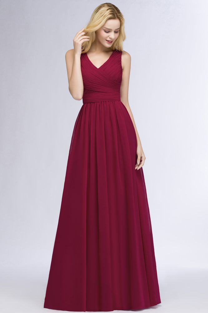 Vestido de dama de honor de gasa con volantes, escote en V, sin mangas, largo hasta el suelo, vestido de fiesta