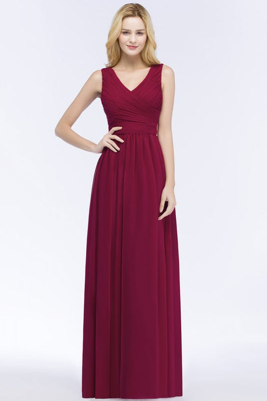 Ärmelloses A-Linien-Brautjungfernkleid mit V-Ausschnitt und Rüschen aus Chiffon, bodenlanges Partykleid