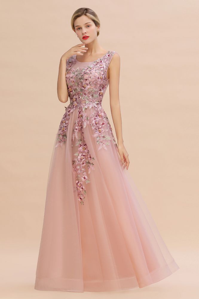 Ärmelloses Aline-Abendkleid in Altrosa mit langen Tüll-Spitzenapplikationen