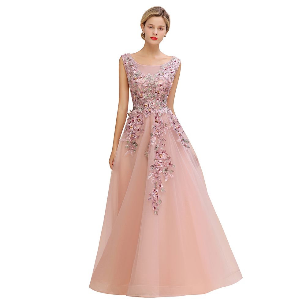 Ärmelloses Aline-Abendkleid in Altrosa mit langen Tüll-Spitzenapplikationen