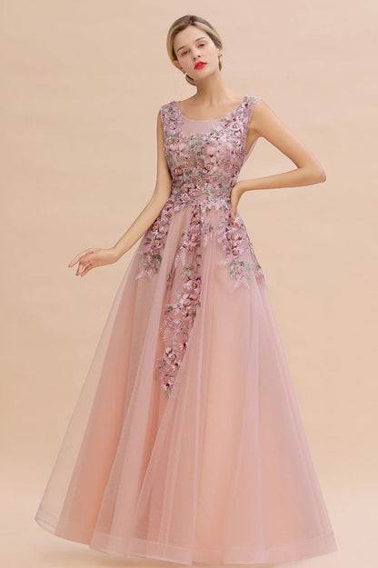 Ärmelloses Aline-Abendkleid in Altrosa mit langen Tüll-Spitzenapplikationen