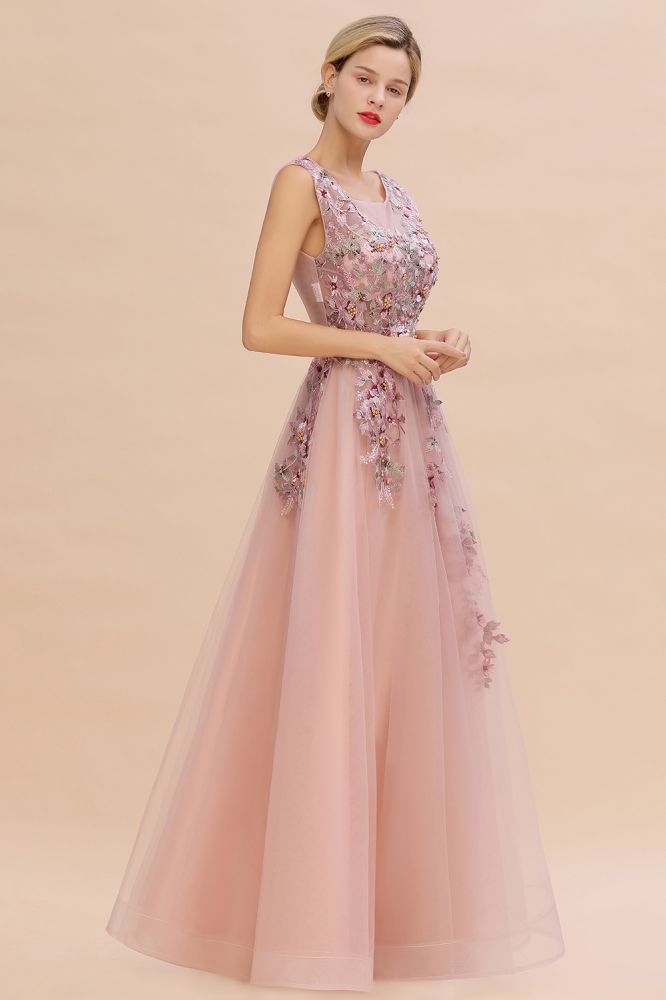 Ärmelloses Aline-Abendkleid in Altrosa mit langen Tüll-Spitzenapplikationen
