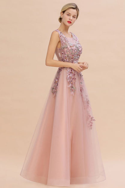 Ärmelloses Aline-Abendkleid in Altrosa mit langen Tüll-Spitzenapplikationen
