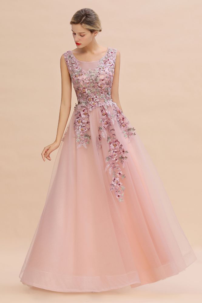 Ärmelloses Aline-Abendkleid in Altrosa mit langen Tüll-Spitzenapplikationen