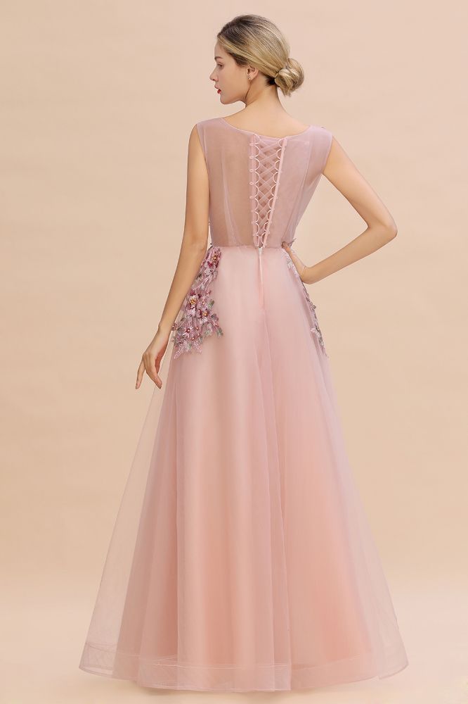 Ärmelloses Aline-Abendkleid in Altrosa mit langen Tüll-Spitzenapplikationen