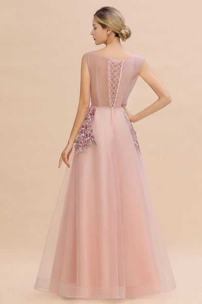 Ärmelloses Aline-Abendkleid in Altrosa mit langen Tüll-Spitzenapplikationen