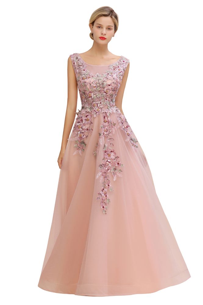 Ärmelloses Aline-Abendkleid in Altrosa mit langen Tüll-Spitzenapplikationen