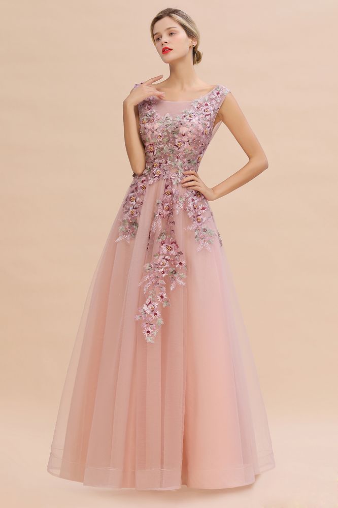 Ärmelloses Aline-Abendkleid in Altrosa mit langen Tüll-Spitzenapplikationen