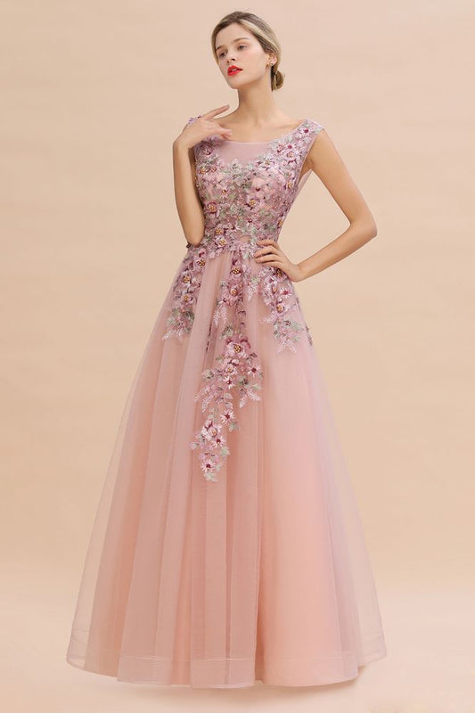 Ärmelloses Aline-Abendkleid in Altrosa mit langen Tüll-Spitzenapplikationen