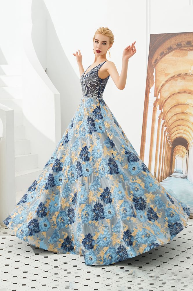 Vestido de noche sin mangas estilo Aline con escote en V y flores hasta el suelo para fiesta