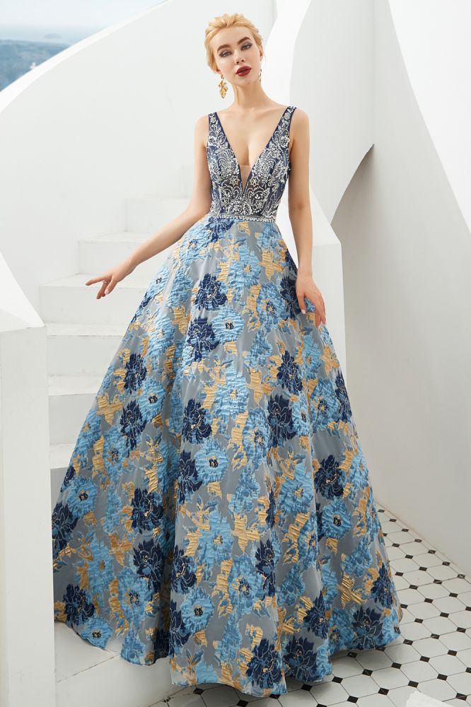 Ärmelloses Aline-Abendkleid mit V-Ausschnitt und Blumenmuster, bodenlanges Ballkleid