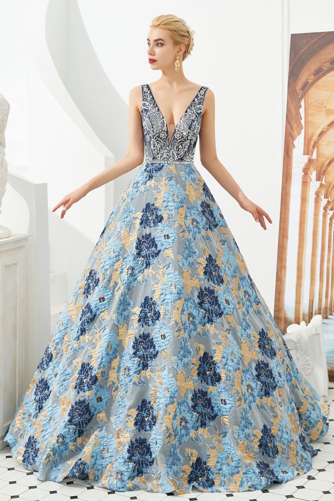 Vestido de noche sin mangas estilo Aline con escote en V y flores hasta el suelo para fiesta