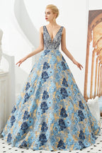 Vestido de noche sin mangas estilo Aline con escote en V y flores hasta el suelo para fiesta