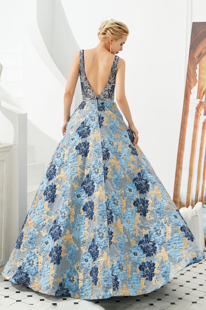 Ärmelloses Aline-Abendkleid mit V-Ausschnitt und Blumenmuster, bodenlanges Ballkleid