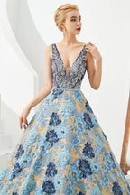 Vestido de noche sin mangas estilo Aline con escote en V y flores hasta el suelo para fiesta