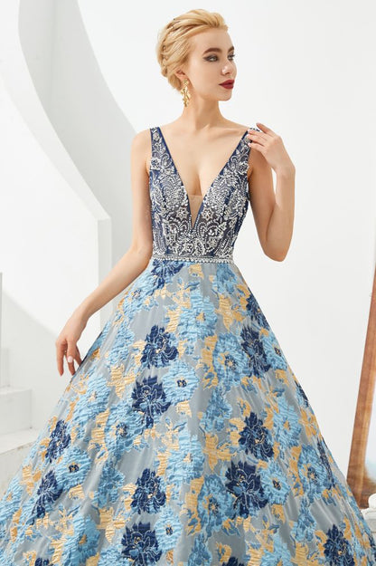 Ärmelloses Aline-Abendkleid mit V-Ausschnitt und Blumenmuster, bodenlanges Ballkleid