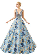 Vestido de noche sin mangas estilo Aline con escote en V y flores hasta el suelo para fiesta