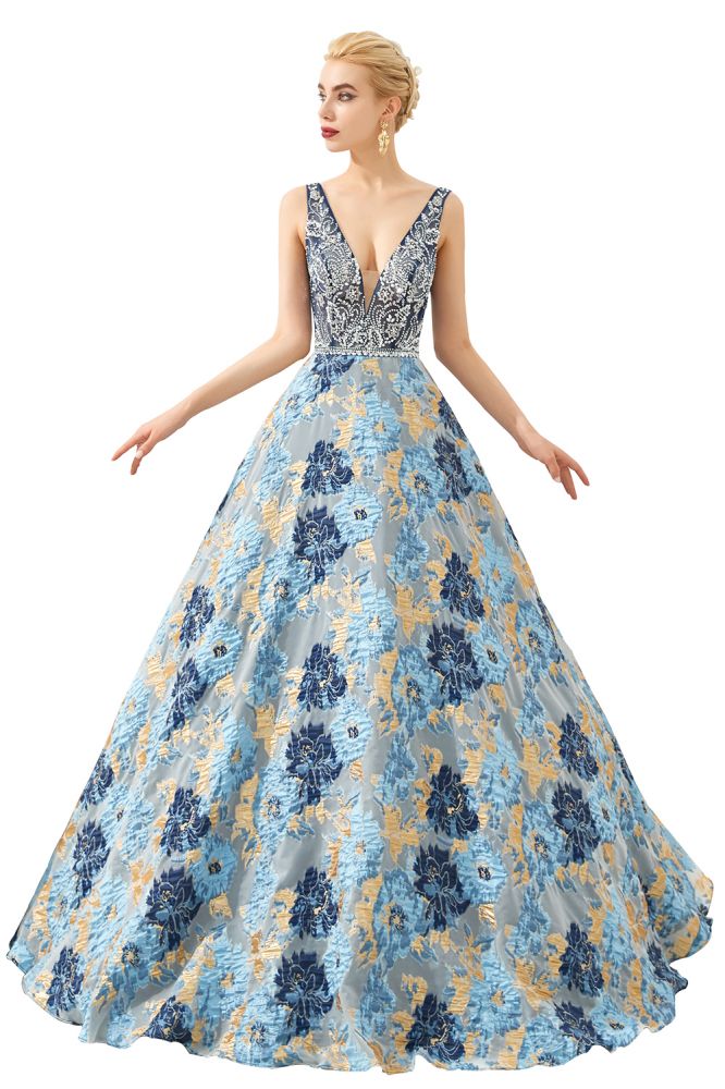 Vestido de noche sin mangas estilo Aline con escote en V y flores hasta el suelo para fiesta