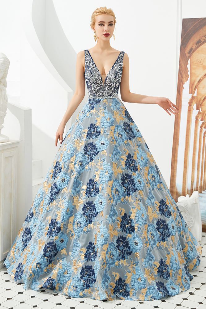 Ärmelloses Aline-Abendkleid mit V-Ausschnitt und Blumenmuster, bodenlanges Ballkleid