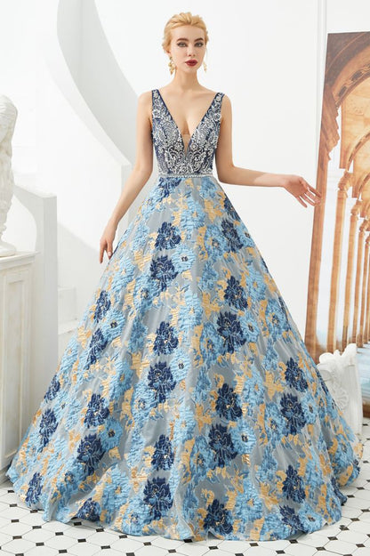 Ärmelloses Aline-Abendkleid mit V-Ausschnitt und Blumenmuster, bodenlanges Ballkleid