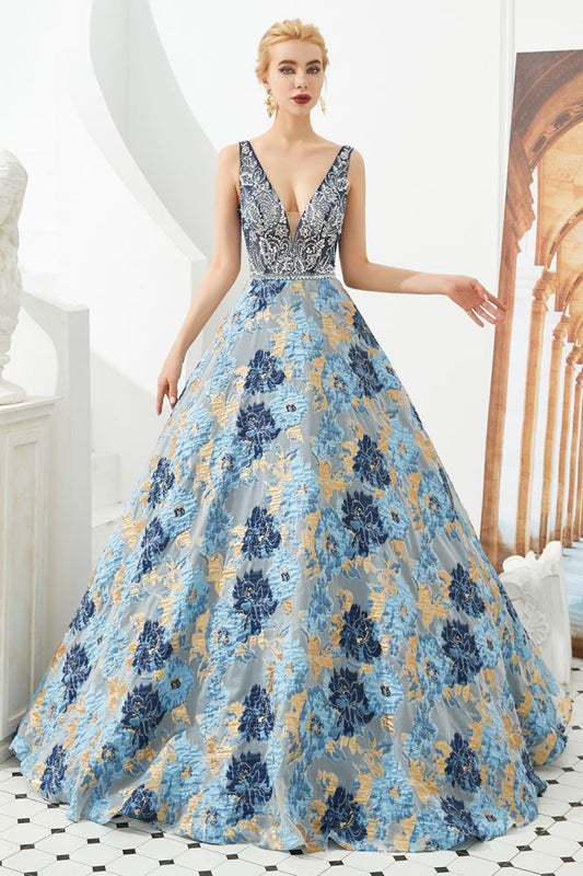 Ärmelloses Aline-Abendkleid mit V-Ausschnitt und Blumenmuster, bodenlanges Ballkleid