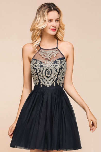 Ärmelloses Homecoming-Kleid mit Applikationen aus Tüll, Mini-Ballkleid
