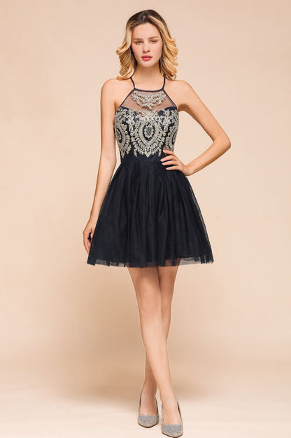 Ärmelloses Homecoming-Kleid mit Applikationen aus Tüll, Mini-Ballkleid