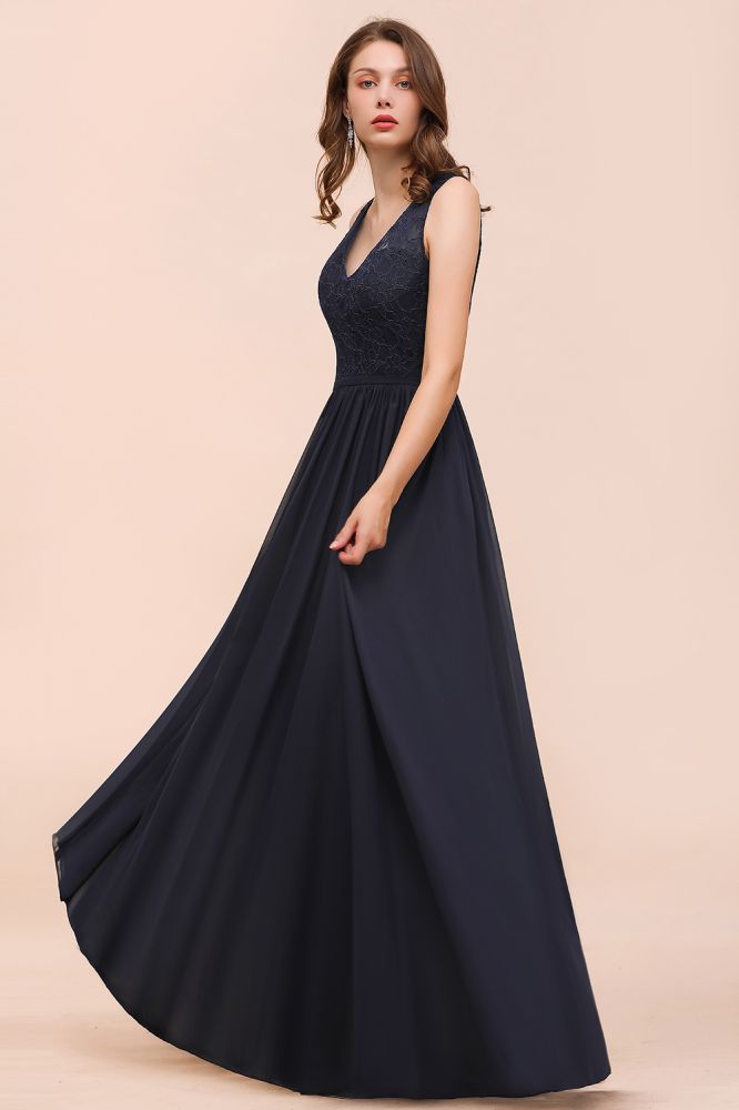 Vestido largo de noche negro sin mangas de gasa con corte en A para dama de honor, vestido formal