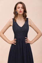 Ärmelloses schwarzes A-Linien-Abend-Maxikleid aus Chiffon, Brautjungfernkleid, formelles Kleid
