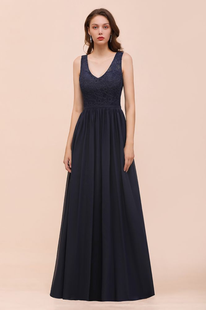 Vestido largo de noche negro sin mangas de gasa con corte en A para dama de honor, vestido formal