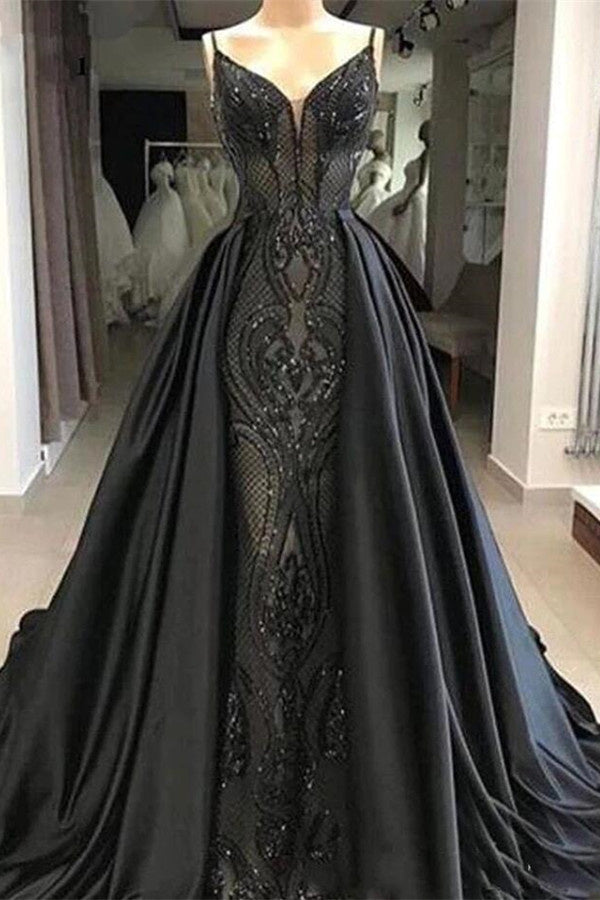 Ärmelloses schwarzes Abendkleid mit Spitze und bezaubernder Meerjungfrau-Schleppe