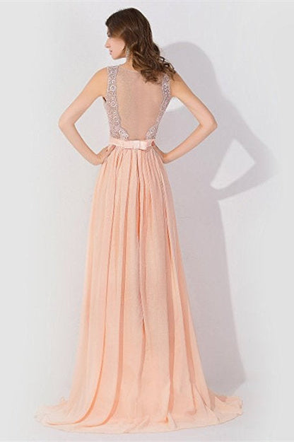 Ärmelloses Chiffon Abendkleid mit Perlenbesatz, Rundhalsausschnitt, A-Linie, Brautjungfernkleid