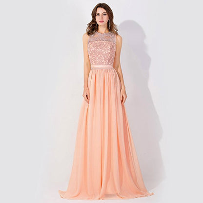 Ärmelloses Chiffon Abendkleid mit Perlenbesatz, Rundhalsausschnitt, A-Linie, Brautjungfernkleid