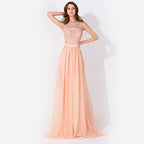 Vestido de fiesta de noche de gasa sin mangas con cuentas y cuello redondo, vestido de dama de honor de línea A