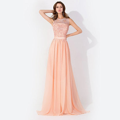 Ärmelloses Chiffon Abendkleid mit Perlenbesatz, Rundhalsausschnitt, A-Linie, Brautjungfernkleid
