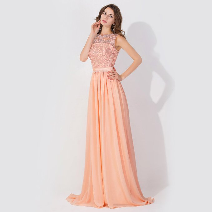Ärmelloses Chiffon Abendkleid mit Perlenbesatz, Rundhalsausschnitt, A-Linie, Brautjungfernkleid