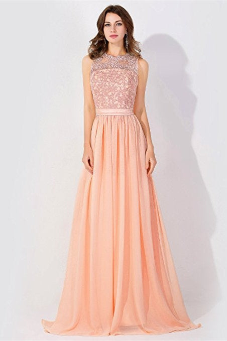 Vestido de fiesta de noche de gasa sin mangas con cuentas y cuello redondo, vestido de dama de honor de línea A