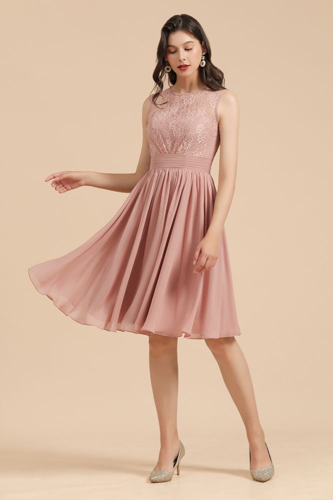 Vestido de fiesta de gasa con encaje y cuello redondo sin mangas, minivestido de dama de honor