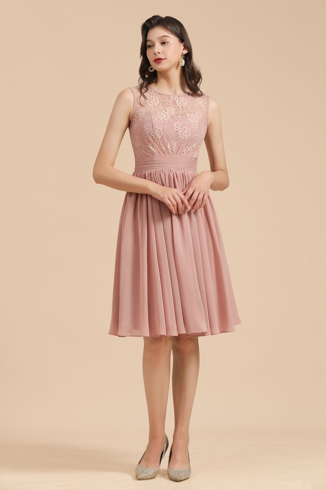 Vestido de fiesta de gasa con encaje y cuello redondo sin mangas, minivestido de dama de honor