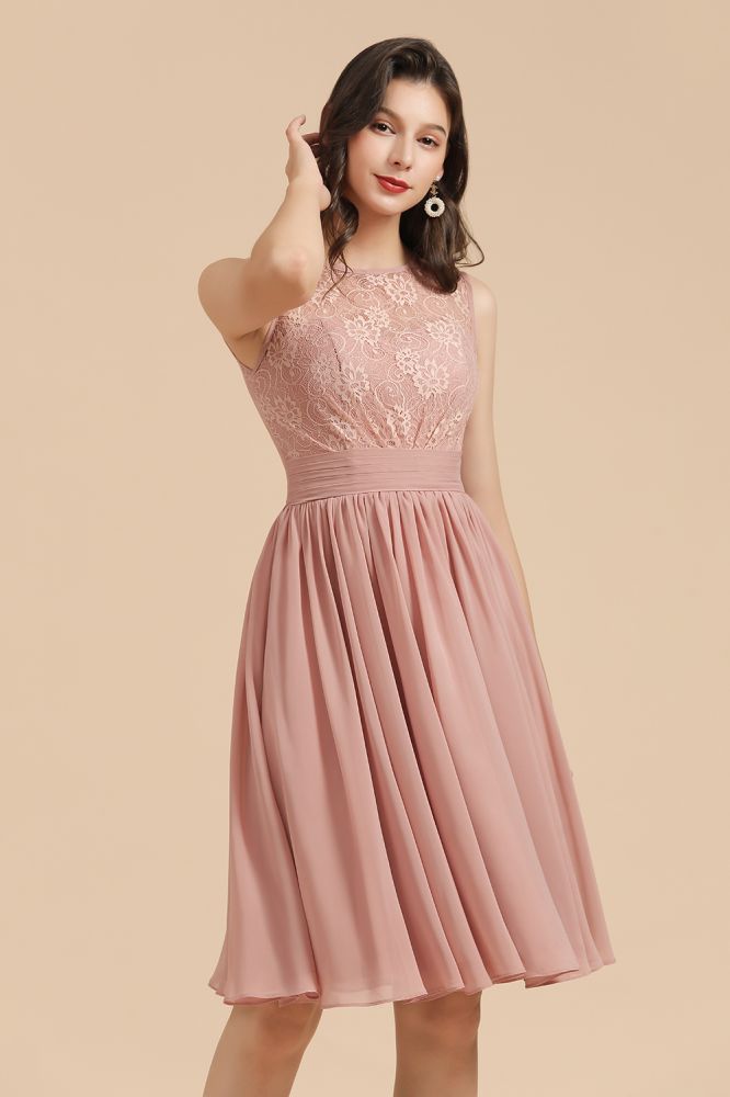 Vestido de fiesta de gasa con encaje y cuello redondo sin mangas, minivestido de dama de honor