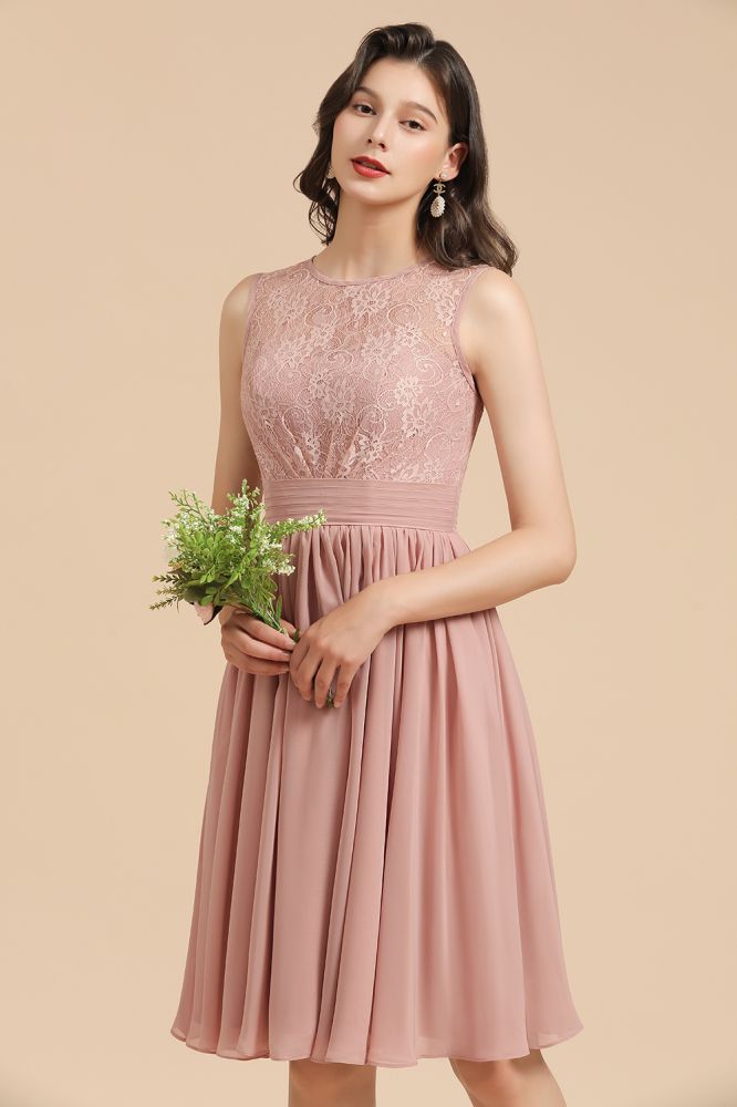 Vestido de fiesta de gasa con encaje y cuello redondo sin mangas, minivestido de dama de honor