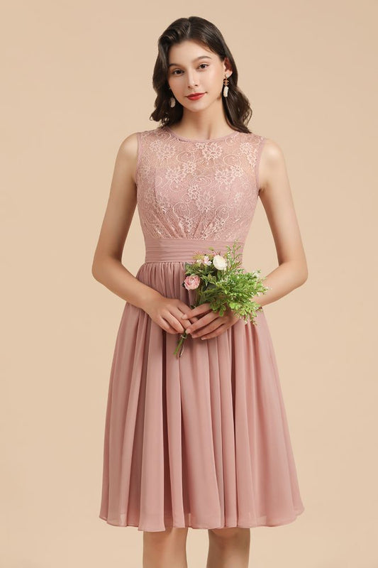 Ärmelloses Chiffon-Partykleid mit Rundhalsausschnitt und Spitze, Mini-Brautjungfernkleid