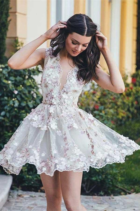 Vestido de fiesta elegante, corto, sin mangas, con flores, corte A, para regreso a casa, PD065