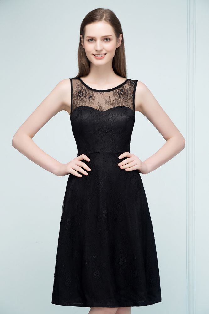 Vestidos de dama de honor sin mangas con encaje, corte A y largo hasta la rodilla