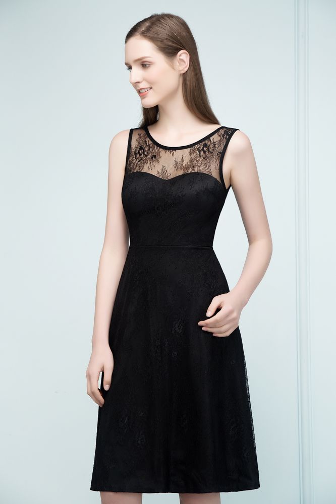 Vestidos de dama de honor sin mangas con encaje, corte A y largo hasta la rodilla