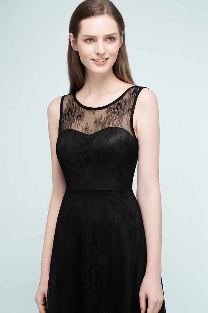 Vestidos de dama de honor sin mangas con encaje, corte A y largo hasta la rodilla