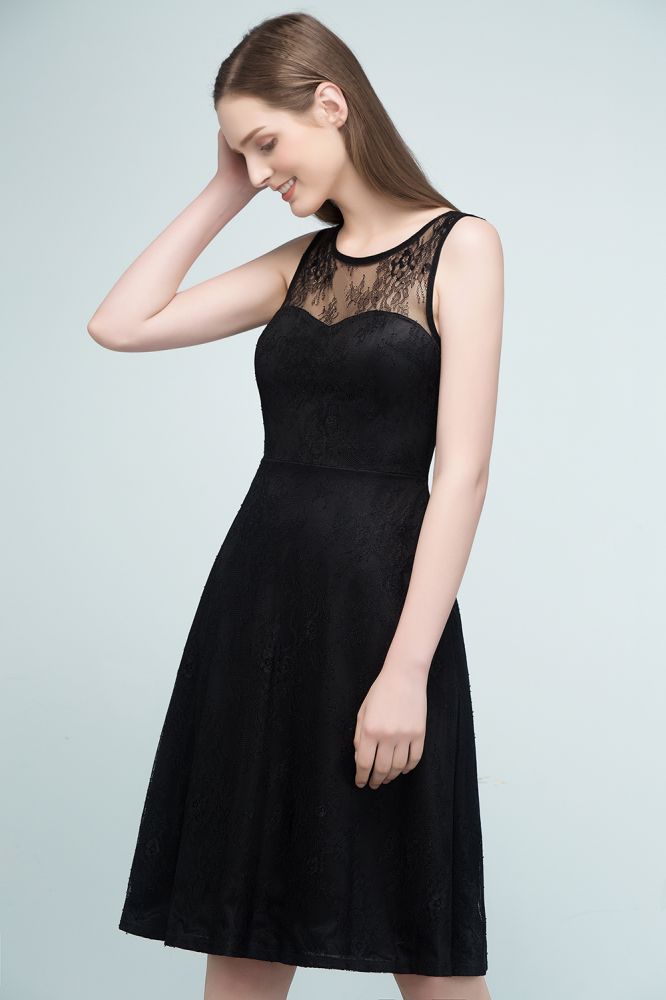 Vestidos de dama de honor sin mangas con encaje, corte A y largo hasta la rodilla