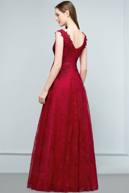 Ärmelloses A-Linien-Ballkleid mit Spitzenapplikationen und V-Ausschnitt und Kristallen