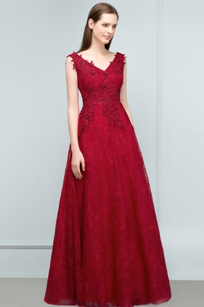 Ärmelloses A-Linien-Ballkleid mit Spitzenapplikationen und V-Ausschnitt und Kristallen